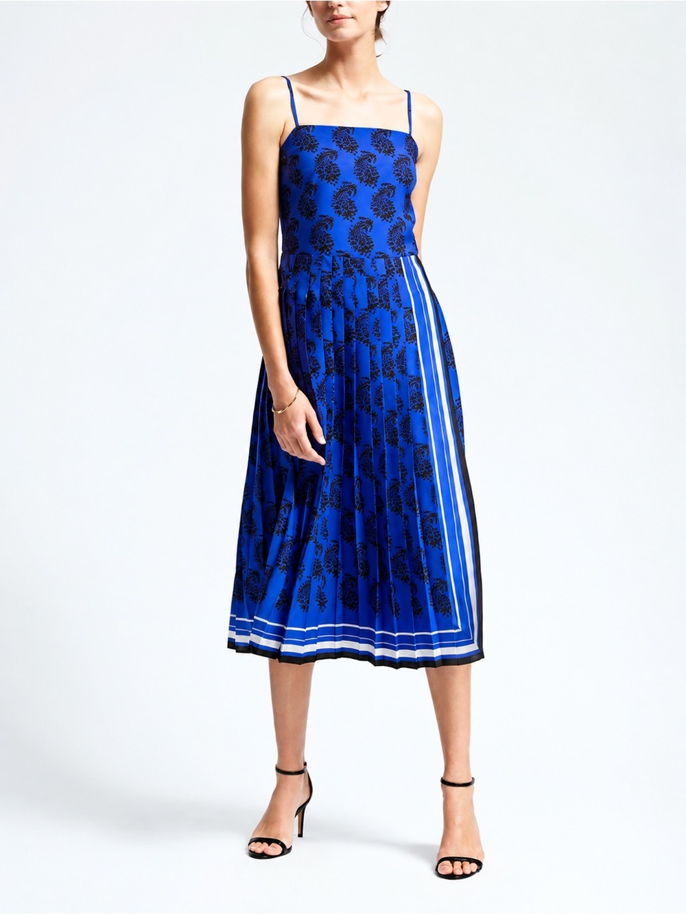 Banana Republic Blue & Black Paisley Pleated Midi Slip Dress